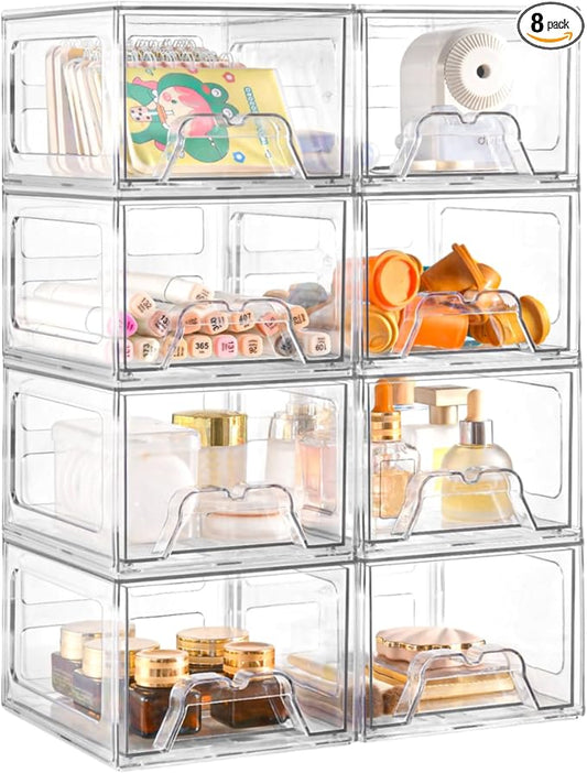8Pack Acrylic Storage Drawers, Clear Stackable Storage Drawers, Acrylic Storage Bins with Drawers for Fridge Organizers, PlasticDrawers Stackable for Makeup Organizers Cosmetic Display