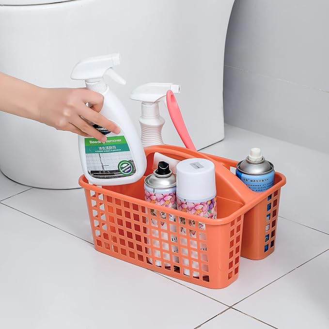 Portable Shower Caddy Basket Plastic Storage Basket with Compartment Orange | Sturdy Large Capacity Cleaning Supplies Organizer Divided Tool Bin for Bathroom Kitchen Bedroom College Dorm Essentials