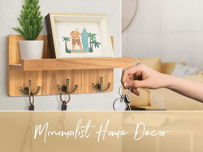 Rebee Vision Key Holder Wall Mount with 3 Hooks for Home Decor, Light Brown | Key Holder for Wall, Anchor Key Hanger, Mail Organizer, Floating Shelf, Plant Display, Hallway Storage, Apartment Improvement