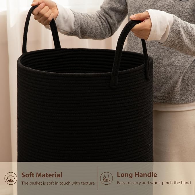 OIAHOMY Large Laundry Basket Hamper - 60L Cotton Rope Woven Basket for Blankets, Toys, Clothes - Tall Decorative Nursery Hamper with Long Handles, Black