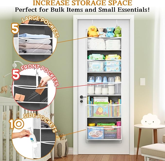 Ofiray-home 5Tiers Over Door Organizer, Weekly Clothes Organizer for Kids | 5 clear PVC front pockets, 10 mesh side pockets, weekly outfit planner, for kids, dorm, entryway, RV, 50 lbs capacity