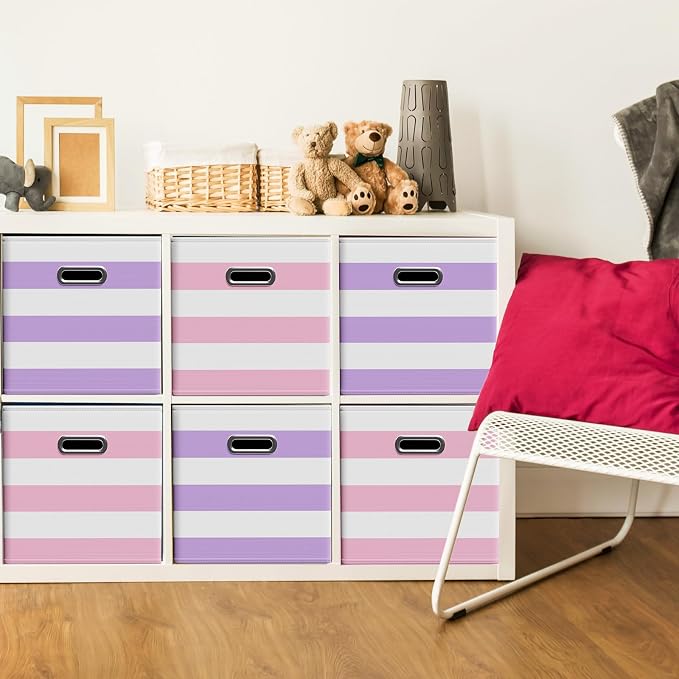 CroBlissful 11 Inch 6 Pack Fabric Storage Cubes with Metal Handles, Back to School Collapsible Organizer Bins for Classroom, Closet, Student Room, Toys and School Supplies (Purple and Pink)