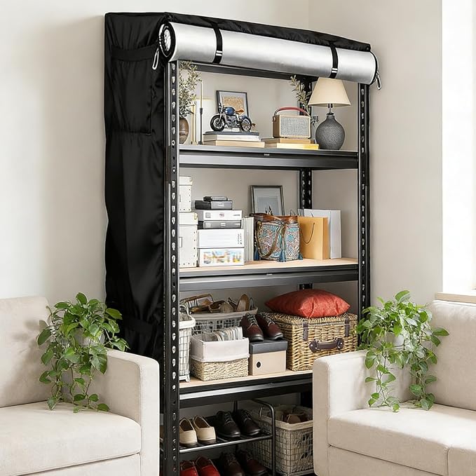 Garage Storage Shelves Cover - 47.2" L x 17.7" W x 70.4" H, Heavy Duty 420D Waterproof Garage Shelving Cover, UV & Fade Resistant, All Weather Protection Shelving Covers, Black