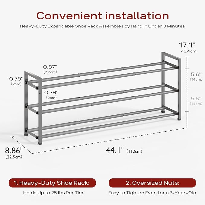 Bumusty 3 Tier Long Expandable Shoe Rack for Closet, Light Grey | 18"-44" Adjustable Shoe Rack for Entryway, Shoe Organizer for Dorm, Front Door, Sturdy Metal