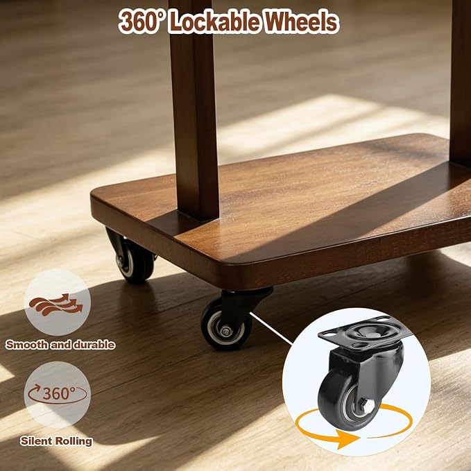Solid Wood Coat Rack with Wheels, 2-Tier Rolling Garment Rack with 5 Hooks | clothing rack clothes stand hall tree entryway bedroom corner heavy duty