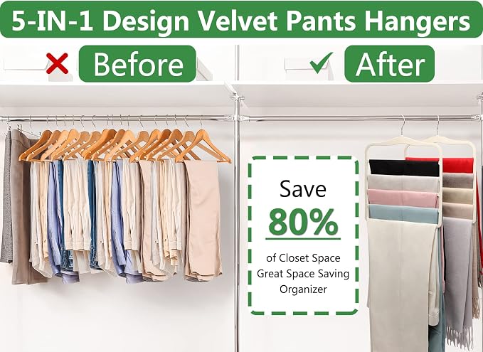 Magic Pants Velvet Hangers for Organization and Storage - Space Saving, 5 Pack Dorm Room Essentials for College Students Girls