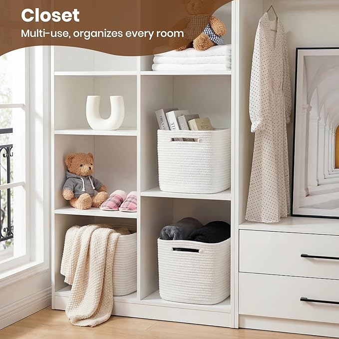 Storage Baskets for Organizing, 14 x 10 x 9” Closet Shelf Woven Baskets, Square Bins with Handles, Cotton Rope Basket for Clothes, Office, Room, White 3 Pack