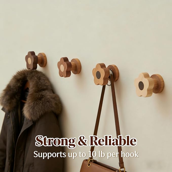 Kids Coat Hooks Wall Mount – Cute Flower Wooden Wall Hooks for Hanging Clothes, Purses, Robes, Towels, Backpacks – Modern Decorative Walnut Hangers for Girls’ Nursery, Bathroom, Entryway & Bedroom