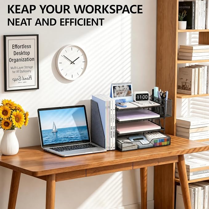 OPNICE Desk Organizer, 4-Tier Desktop File Organizer with Drawer and Pen Holders, Office Desk Accessories, File Sorters, Workspace Organizers for Office Supplies(Black - Metal Pen Holder)