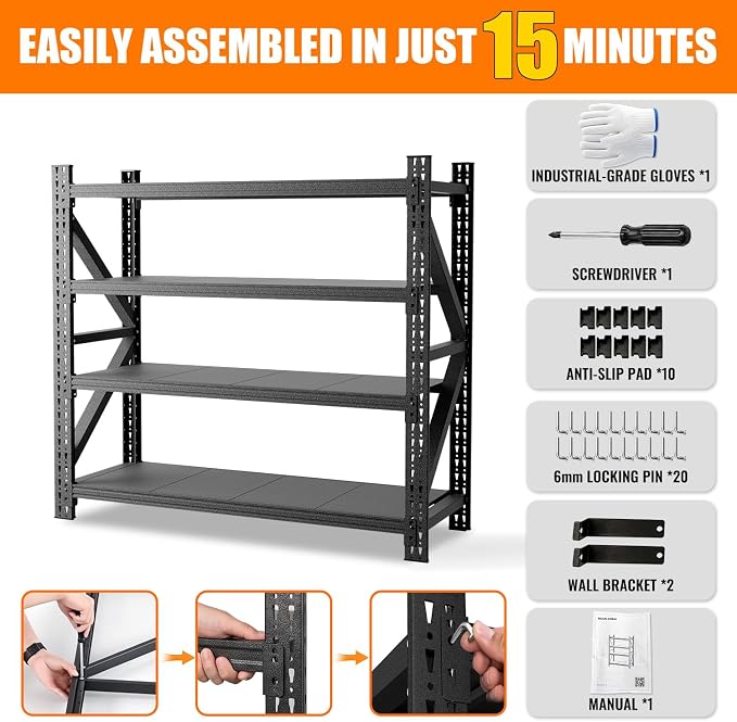 5000LBS 4 Tier Garage Storage Shelves, Heavy Duty Adjustable Storage Rack for Warehouse, Basement, Shop and Office, Commercial-Grade Steel Organizer, 67" W x 24" D x 63" H