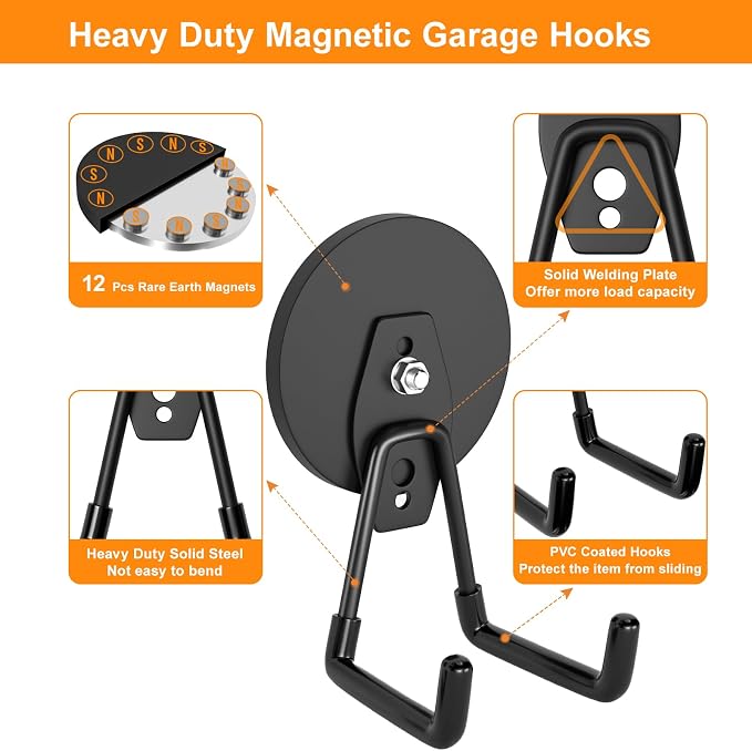 ENUODA Strong Magnetic Hooks Heavy Duty, 25lbs Magnet Tool Holder Garage Storage Hooks for Hanging Yard Tools Extension Cord Hose Power Tools Locker Container Outdoor Indoor, 2 Pack