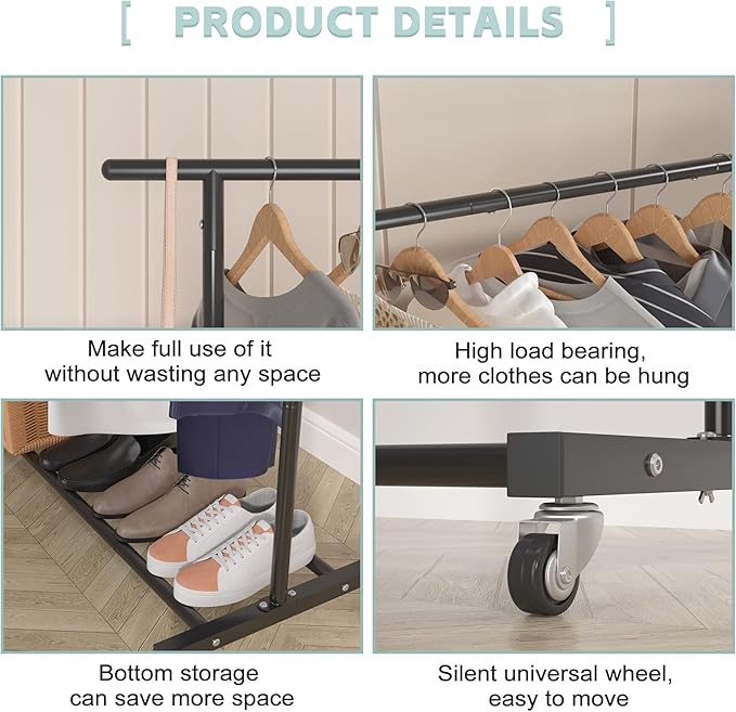 Sywhitta Double Rod Metal Clothing Garment Rack on Wheels, Black | Rolling Clothes Organizer, for Hanging Clothes,Coats,Easy to Assemble,Space-Saving,Mobile Organizer for Closet