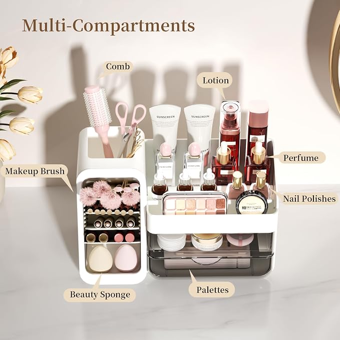 Makeup Organizer Countertop with DIY Adjustable Brush Holder for Vanity | Thickened Material, Large Bathroom Organizer Skincare Storage for Perfume, Lipstick, Nail Polish, Eyeshadow Palettes, White