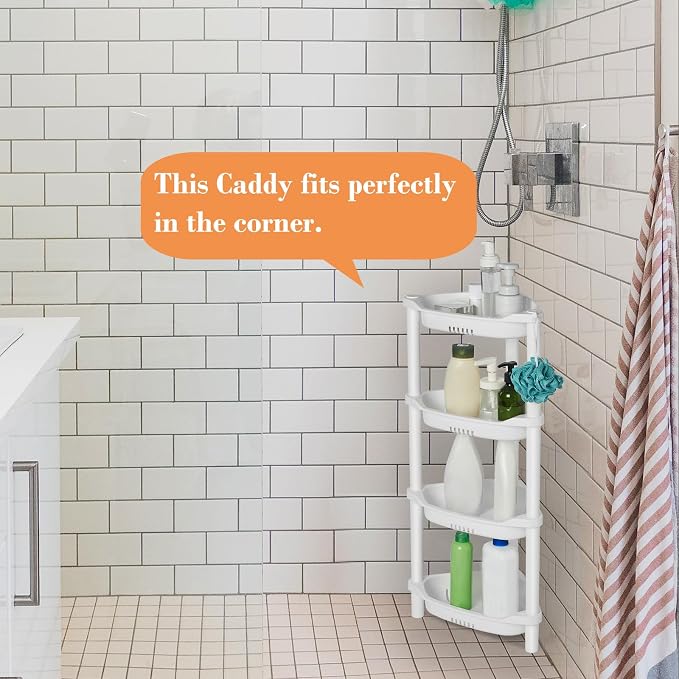 ELYKEN Corner Shower Caddy Standing, 4 Tier Plastic Shower Organizer, White | Rustproof Plastic Shower Shelves with Hook for Storing Bath Essentials in Bathroom corner, Bathtub