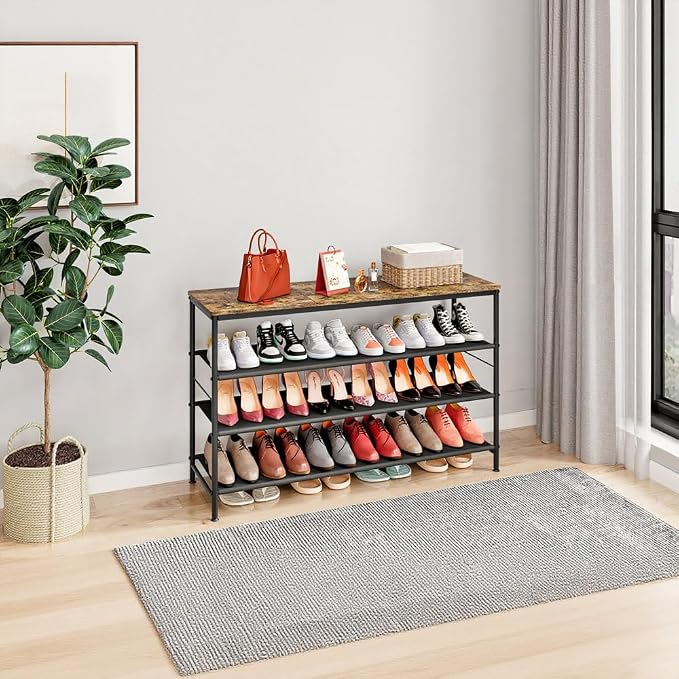 INGIORDAR 4 Tier Long Shoe Rack Storage Organizer Shelf for Closet Entryway | Spacious design,Large-Capacity stores 24 Pairs of Shoes for Closet,Entryway,Bedroom,Living Room,Garage,Black+Rustic Brown