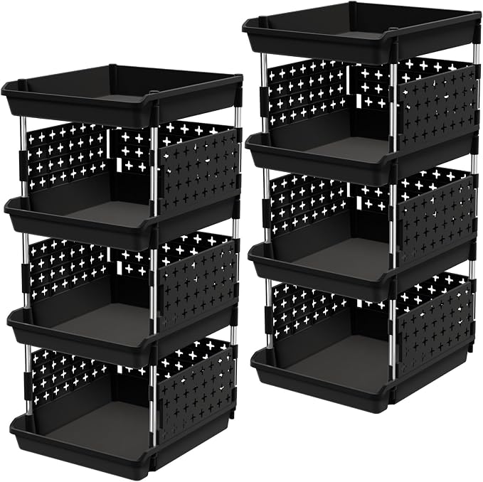 Lifewit 4 Tier Plastic Stackable Storage Baskets for Clothes 2 Pack, Black | Stacking Bins for Food, Multifunctional Organizer for RV, Kitchen, Playroom, Pantry and Bathroom