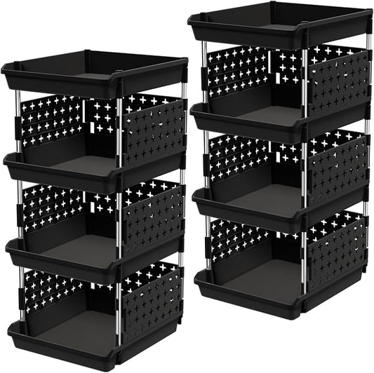 Lifewit 4 Tier Plastic Stackable Storage Baskets for Clothes 2 Pack, Black | Stacking Bins for Food, Multifunctional Organizer for RV, Kitchen, Playroom, Pantry and Bathroom