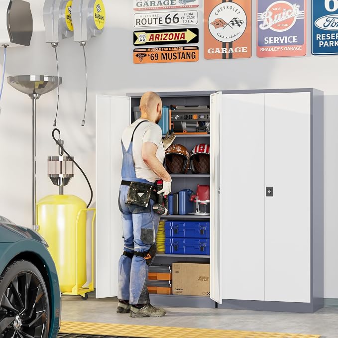 Metal Garage Storage Cabinets with Lock, 72" Tall Tool Cabinet with 2 Door and 4 Adjustable Shelves, Locking Garage Cabinets and Lockable Steel Locker for Home Office Warehouse-(Gray White-72”H)