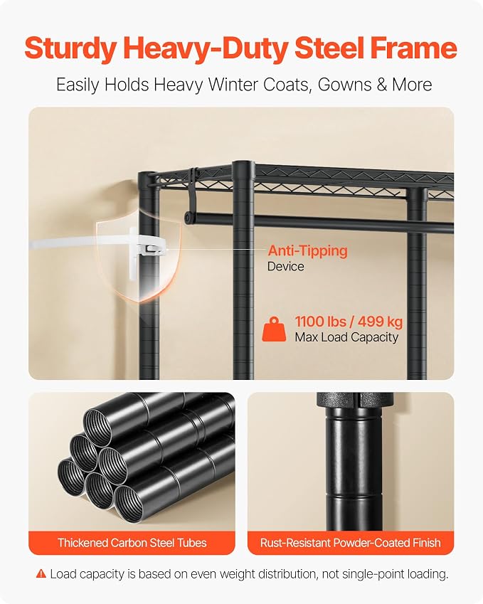 VEVOR Clothing Garment Rack, Heavy Duty Closet Wardrobe, Adjustable Tiers Clothes Racks with Steel Frame, for Bedroom, Clothing Store, Hallway