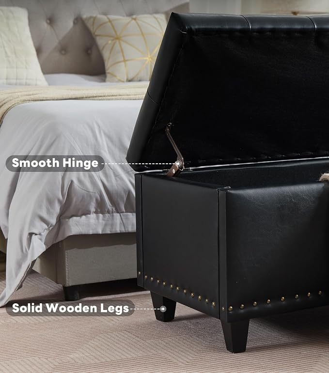 Tbfit Long Ottoman with Storage, 50.8" Faux Leather End of Bed Bench with Safety Hinge&Rivets, Entryway Benches Large Storage Ottoman Bench for Bedroom, Living Room, Holds up to 660 lb(Black)
