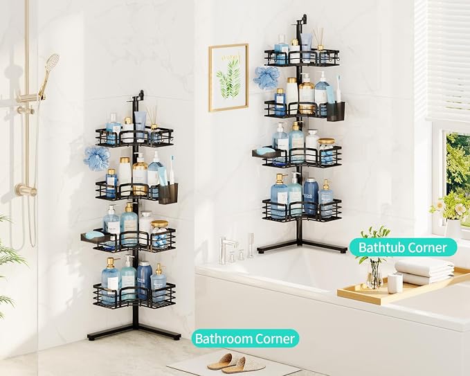 HapiRm Corner Shower Caddy Stand - 4-Tier Adjustable Shower Shelves, Black | Rustproof Stainless Steel, 4 Hooks, Soap and Toothbrush Holders, Large Capacity Shower Organizer for Tall Bottles, No-drill