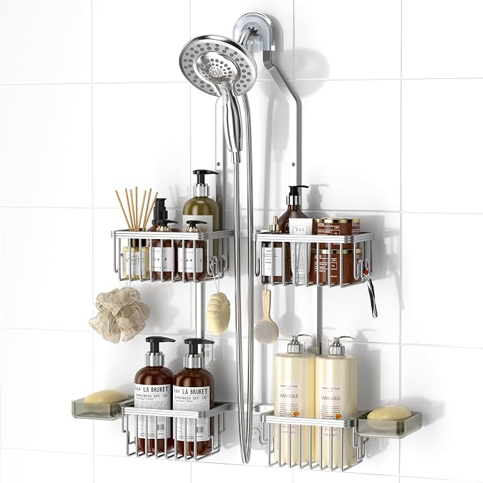 Adjustable Aluminum Shower Caddy Hanging for Handheld Showerhead, Silver | Rustproof Aluminum, Shower Organizer, Anti-Slip, Quick-Drain Shelf, 40lbs Capacity, Suction Cups, 8 Hooks, Razor Soap Holders
