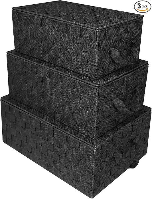 Sorbus Set of 3 Hand-Woven Storage Baskets with Lids – Mesh Design Organizers for Closet, Shelves, and Home Storage (Black)