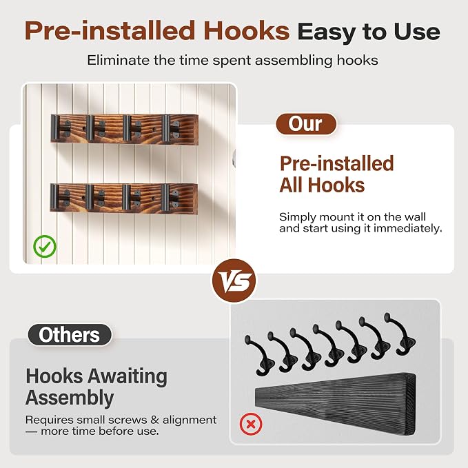2 Pack Coat Rack Wall Mount with 8 Pre-Installed Metal Hooks | 32.3" Rustic Pine Solid Wood Coat Hooks Wall Mount for Hanging Jacket Hat Backpack, Entryway Living Room, Easy to install
