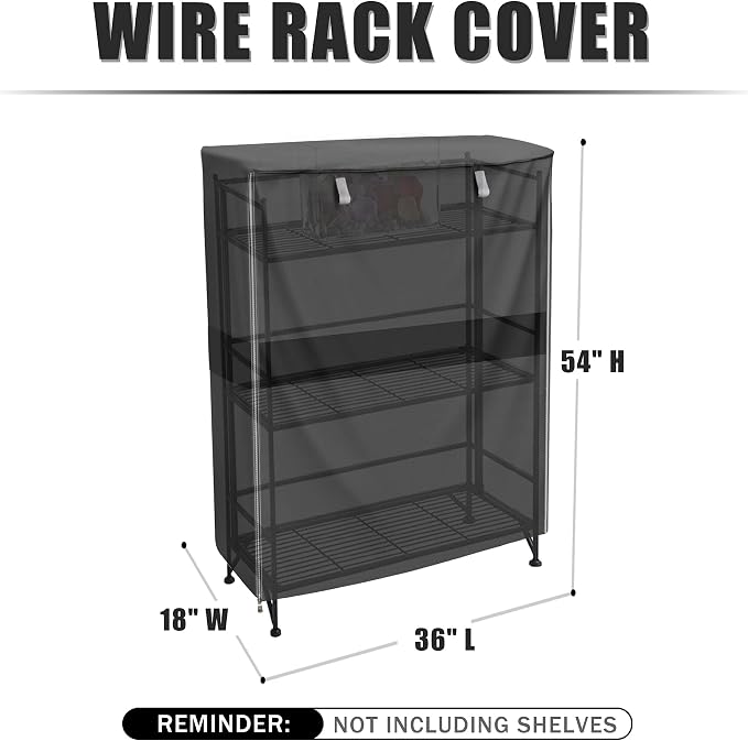 Wire Shelf Cover 36" W x 18" D x 54" H, 600D Zippered Storage Rack Cover | Turn open wire shelving into clean enclosed storage with a durable 600D cover and front zipper for easy daily access