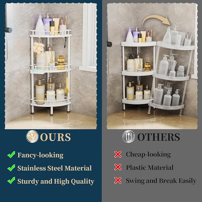 Consumest Corner Shower Caddy Standing - 3 Tier Shower Organizer with Soap Holder, Tall Floor Storage Rack with Adjustable Feet & 4 Hooks, Bathroom Corner Shelf, White