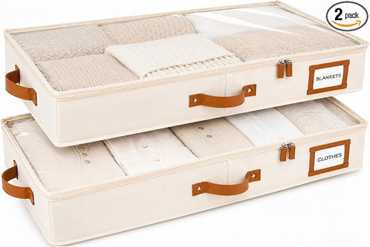 2pc Low Profile Under Bed Storage Containers, Thin Under Couch Storage Organizer with Bins & Lids, Underbed Storage Box Ideal for Seasonal Clothes, Blankets, Fabric & Shoes (Ivory)