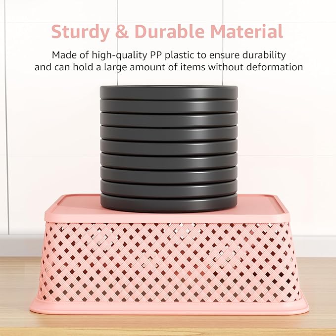 MaxGear 3 Pack Plastic Storage Baskets, Large, Pink | Durable Woven Plastic with Built-In Handles, Suitable for Shelves, Closets, Cabinets, Bathrooms and Offices
