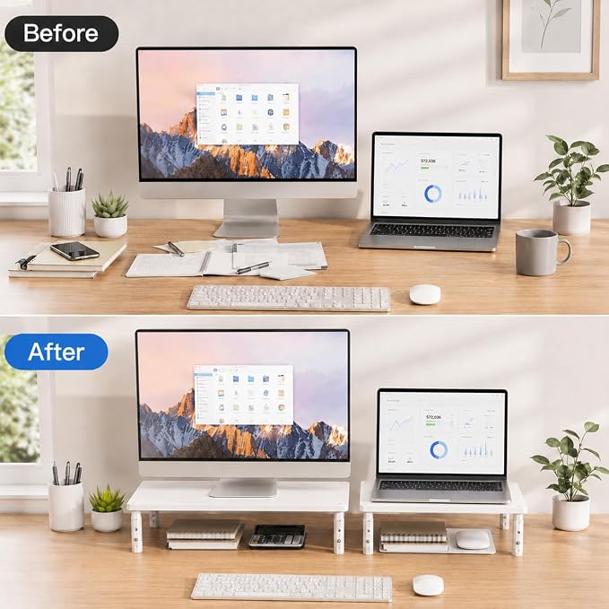 Monitor Stand Riser for Desk, Adjustable Computer & Laptop Stand, Desk Organizer for Monitor, Laptop, PC, Printer, Office Desk Accessories for Home & Office, White Wood