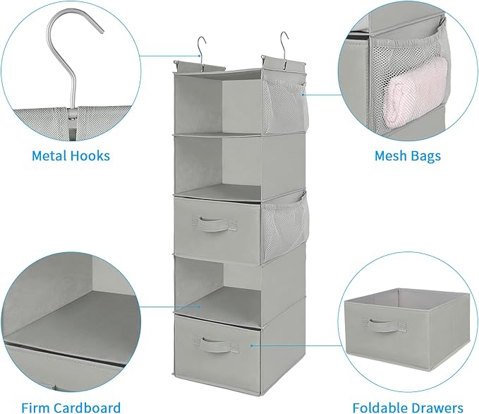 MAX Houser 5 Tier Shelf Hanging Closet Organizer, Cloth Hanging Shelf with 2 Sturdy Hooks for Storage, Foldable (Light Grey-D2)
