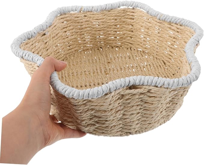 TEHAUX Hand-woven Decorative Storage Basket Multipurpose Paper Rope Organizer Bin for Kitchen Bathroom Desk Creative Home Storage for Fruit Bread Sundries Versatile Woven Basket for