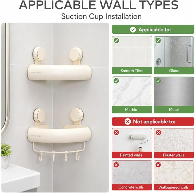 Corner Shower Caddy Suction Cup, Removable Shower Organizer Shelf | 2 Pack, Rustproof Aluminum, Includes Hooks&Hanging Bar, 2 Installation Ways, Wall-Mounted Bathroom Organizer Storage Shelves