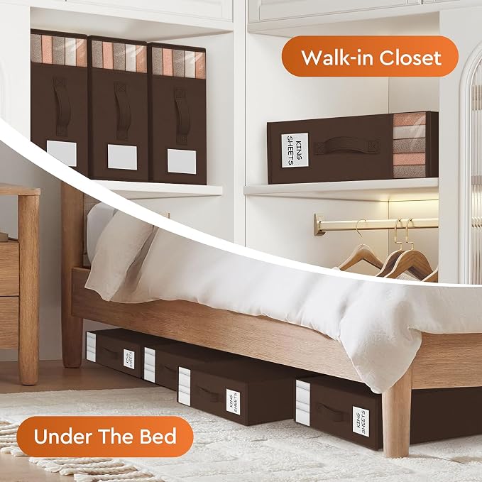 StorageTastic 6 Pack Bed Sheet Closet Organizers and Storage,Sturdy Foldable Storage Containers with Window and Label,Storage and Organization for Bedding Sheets,Duvet Covers,Blankets (Brown)