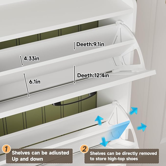 Maupvit Large Shoe Storage Cabinet with 6 Flip Drawers, Freestanding Shoe Organizer with Metal Handles for Entryway, Narrow Shoe Rack Cabinet, White