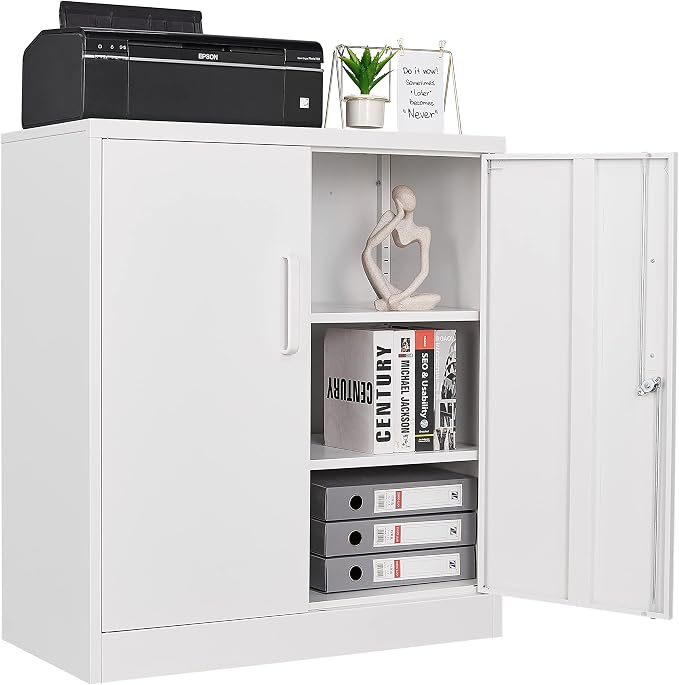 Yizosh Metal Garage Storage Cabinet with 2 Doors and 2 Adjustable Shelves - 35.5" Steel Lockable File Cabinet for Home Office,Garage,Gym,School (White)