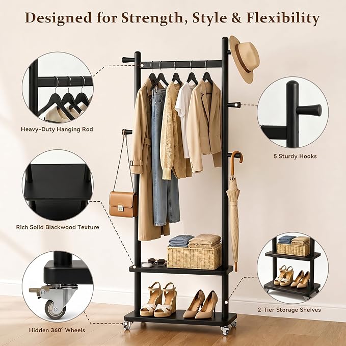 Taitiy Solid Wood Coat Rack Freestanding with Wheels 5 Hooks 2 Shelves