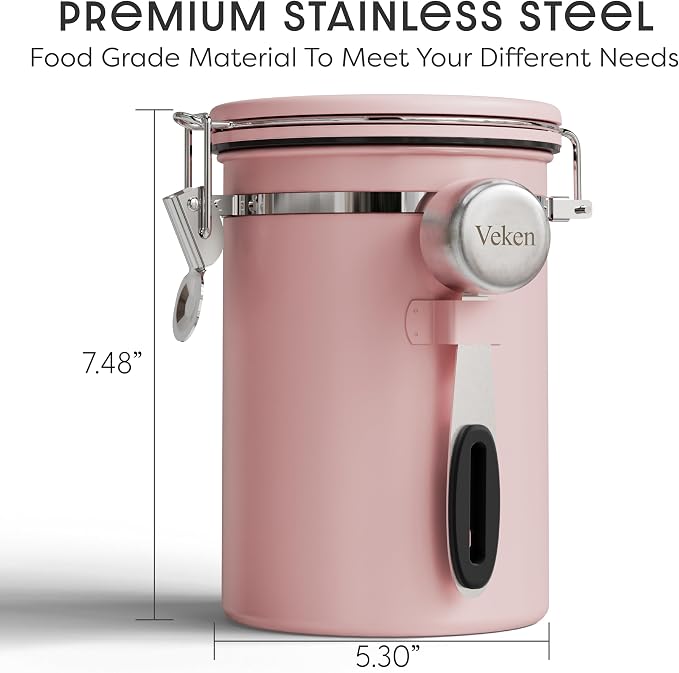 Veken Coffee Canister with Window, Airtight Stainless Steel Container, 22OZ | Date Tracker,Kitchen Food Storage Organizers for Beans, Ground, Espresso, Rice,Tea, Sugar,Cereal, Gifts,Lids,Jars,Scoop, Pink