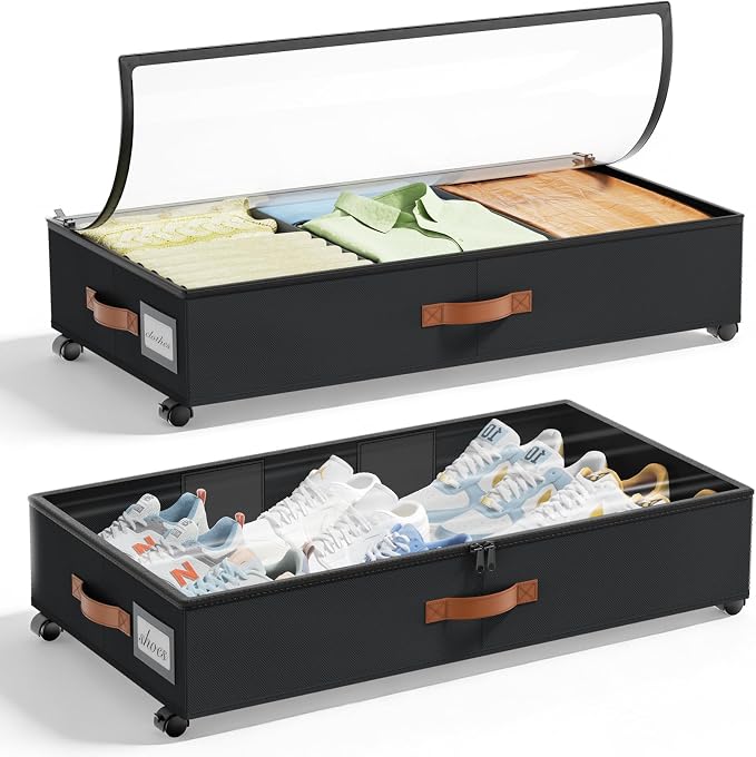 LAMU Under Bed Storage with Wheels, 2 Pack Under Bed Storage Containers with Clear Lids & Label, Rolling Under Bed Drawers for Clothes, Shoes, Blankets, Black