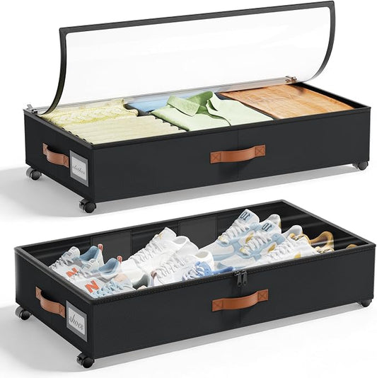 LAMU Under Bed Storage with Wheels, 2 Pack Under Bed Storage Containers with Clear Lids & Label, Rolling Under Bed Drawers for Clothes, Shoes, Blankets, Black