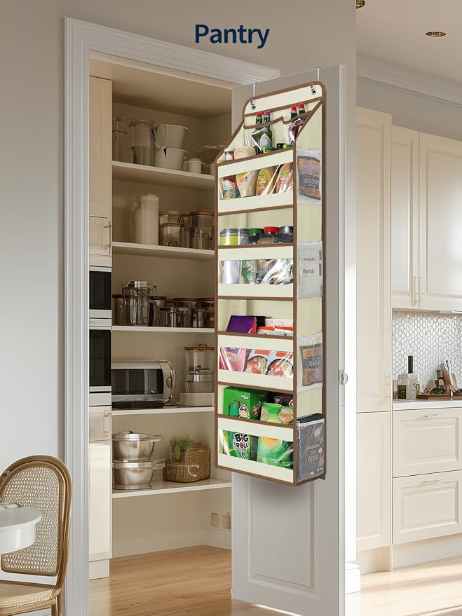 Yecaye 5 Tier Over the Door Organizer, Swing-proof Door Organizer Hanging with Clear PVC Windows, Behind the Door Storage for Bedroom Nursery Closet Laundry Pantry Bathroom, Beige