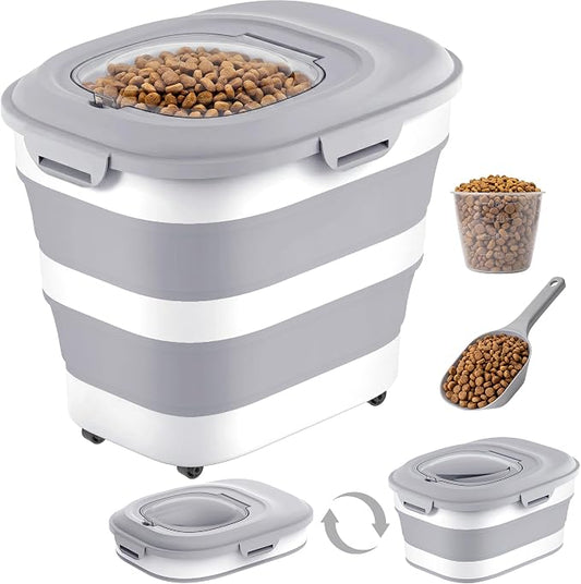 28 Lbs Dog Food Storage Container, Collapsible Cat Food Container | Airtight Pet Food Storage Containers with Wheels, Clear Window, Measuring Cup and Scoop, BPA Free for Rice, Flour, Bird Seed