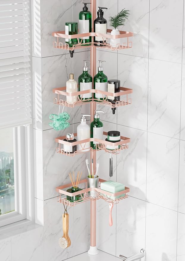 DAOYA Corner Shower Caddy Tension Pole - 4‑Tier Adjustable Shower Shelf Organizer Space‑Saving Bathroom Storage for Bathtub or Floor, Apricot