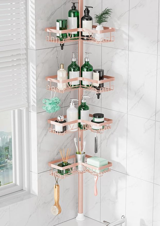 DAOYA Corner Shower Caddy Tension Pole - 4‑Tier Adjustable Shower Shelf Organizer Space‑Saving Bathroom Storage for Bathtub or Floor, Apricot
