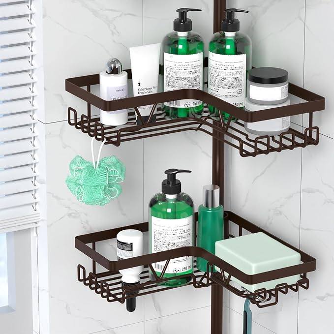 DAOYA Corner Shower Caddy Tension Pole Bronze Tension Rod Shower Organizer | 4-Tier Stainless Steel Showe Shelf, with Soap Holders & Side Hooks, for Bathroom/Tub, Adjustable 25-114inch, Space Saving