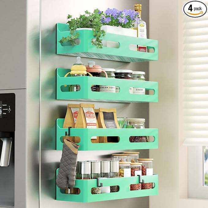 Sevenblue 4-Pack Magnetic Spice Rack for Refrigerator with Hooks, Green | Strong multipurpose magnetic shelf for kitchen & bathroom organization. Includes 4 removable hooks for hanging items.