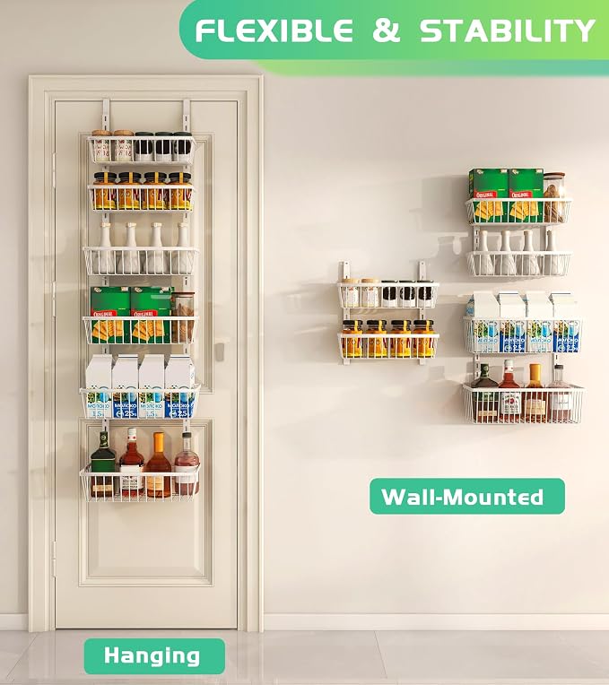 Mefirt 12 Inch Wide Narrow Over The Door Pantry Organizer 6-Tier White | Pantry Hanging Organizers and Storage, Adjustable Heavy-Duty Metal for Home & Kitchen, Back of Door Seasoning Rack